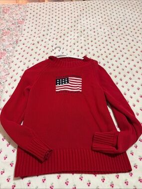 Ralph Lauren Red Crewneck Sweater with Flag Embroidery
